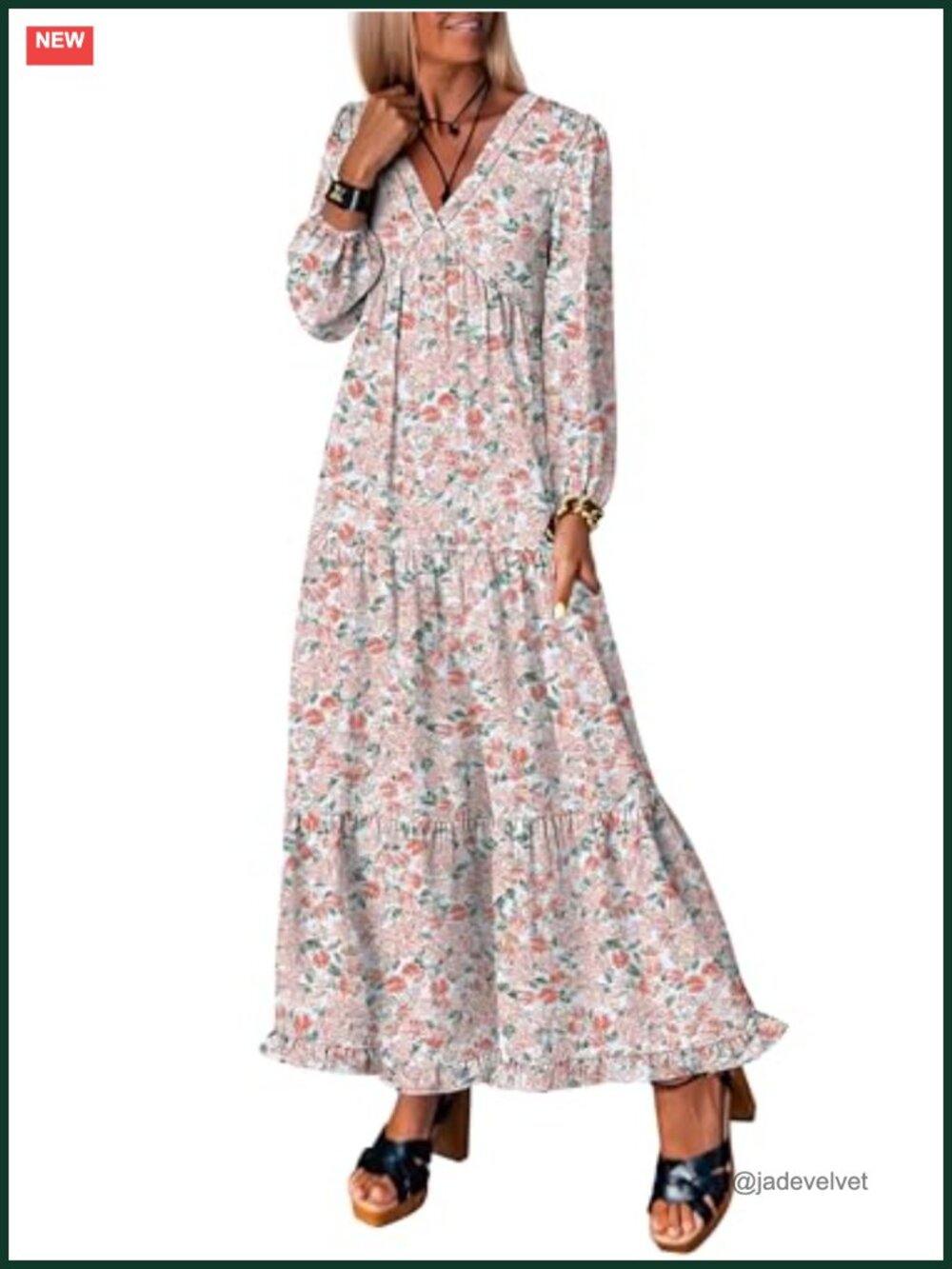Women's Boho Maxi Dress 2026 Fall Long Sleeve V-Neck Floral Casual Loose Fit